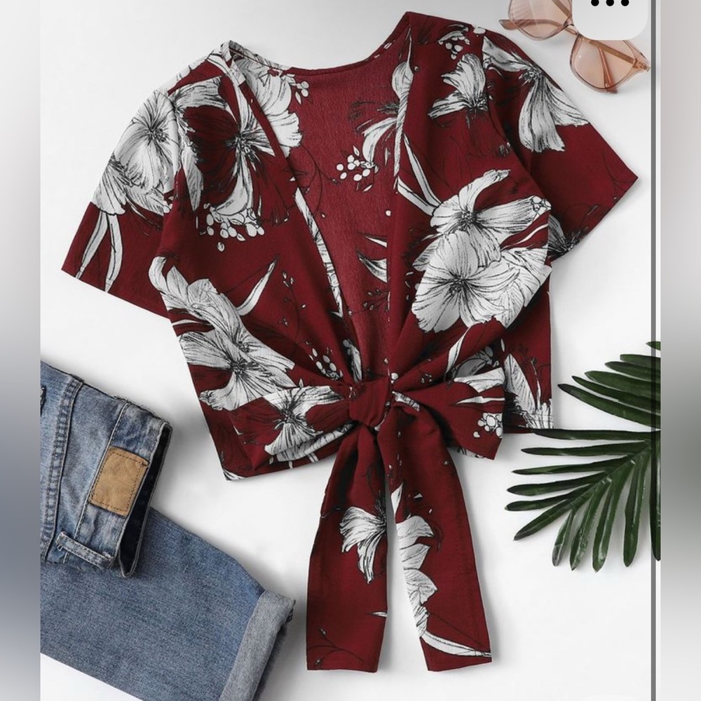Women’s Floral Tie-Front Crop Top- Dark Red and White